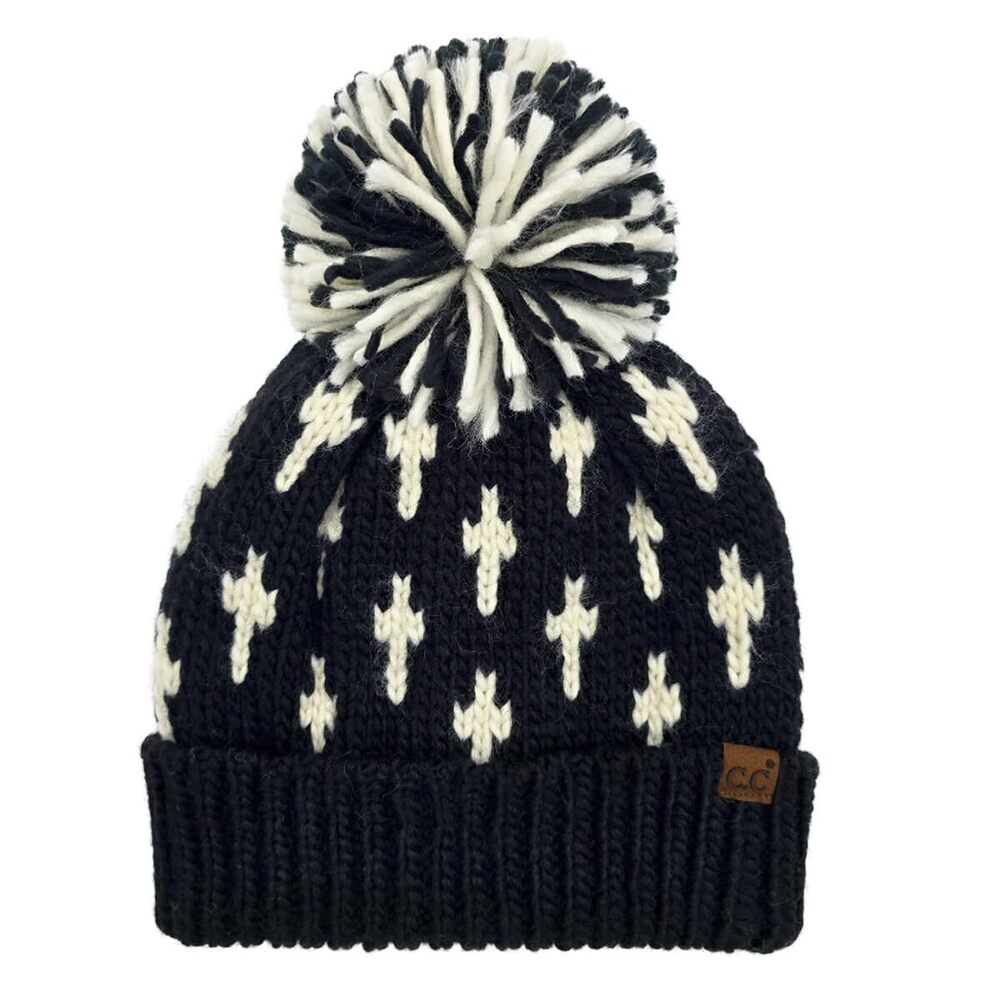 8264 ’s Winter Pom Beanie Hat – Knit Cross Pattern Pom Hat, Warm 100%